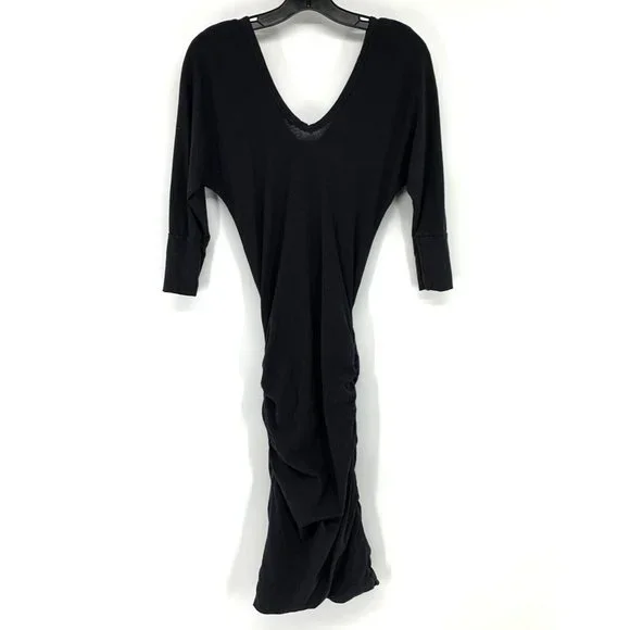 Standard James Perse Dress Black Ruched High Twist Jersey V Neck - Picture 8 of 10